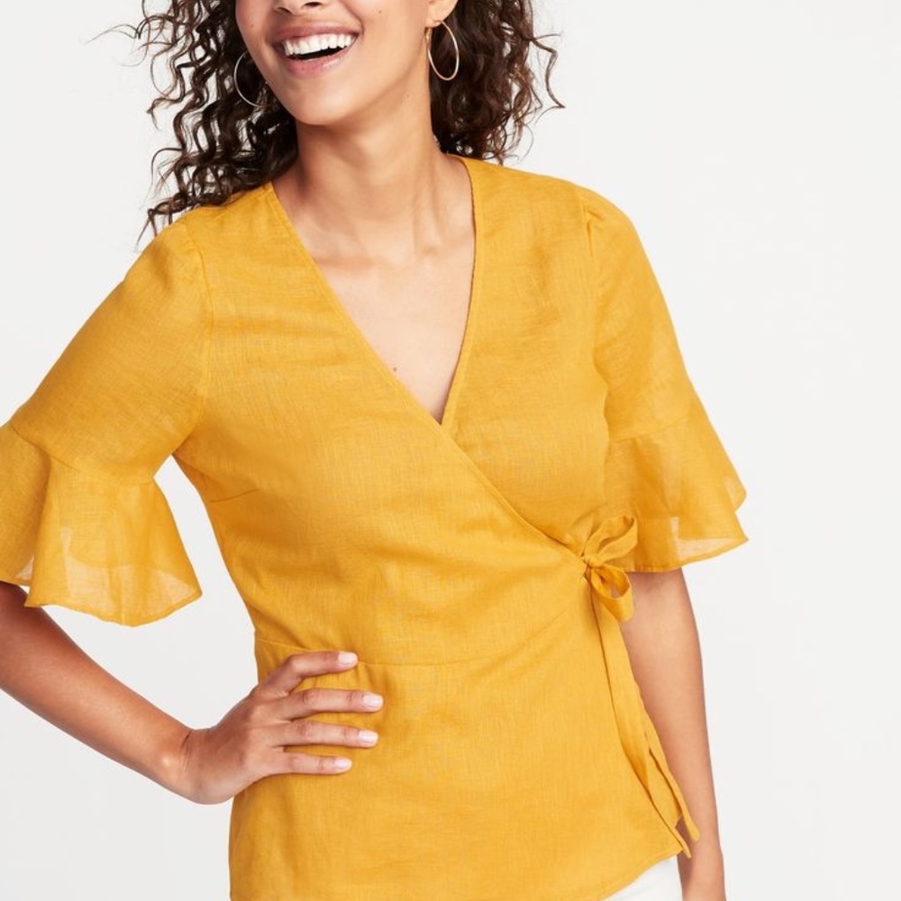 Old Navy Linen Wrap Shirt Top Blouse Mustard Yellow Flounce Sleeves Women's XL